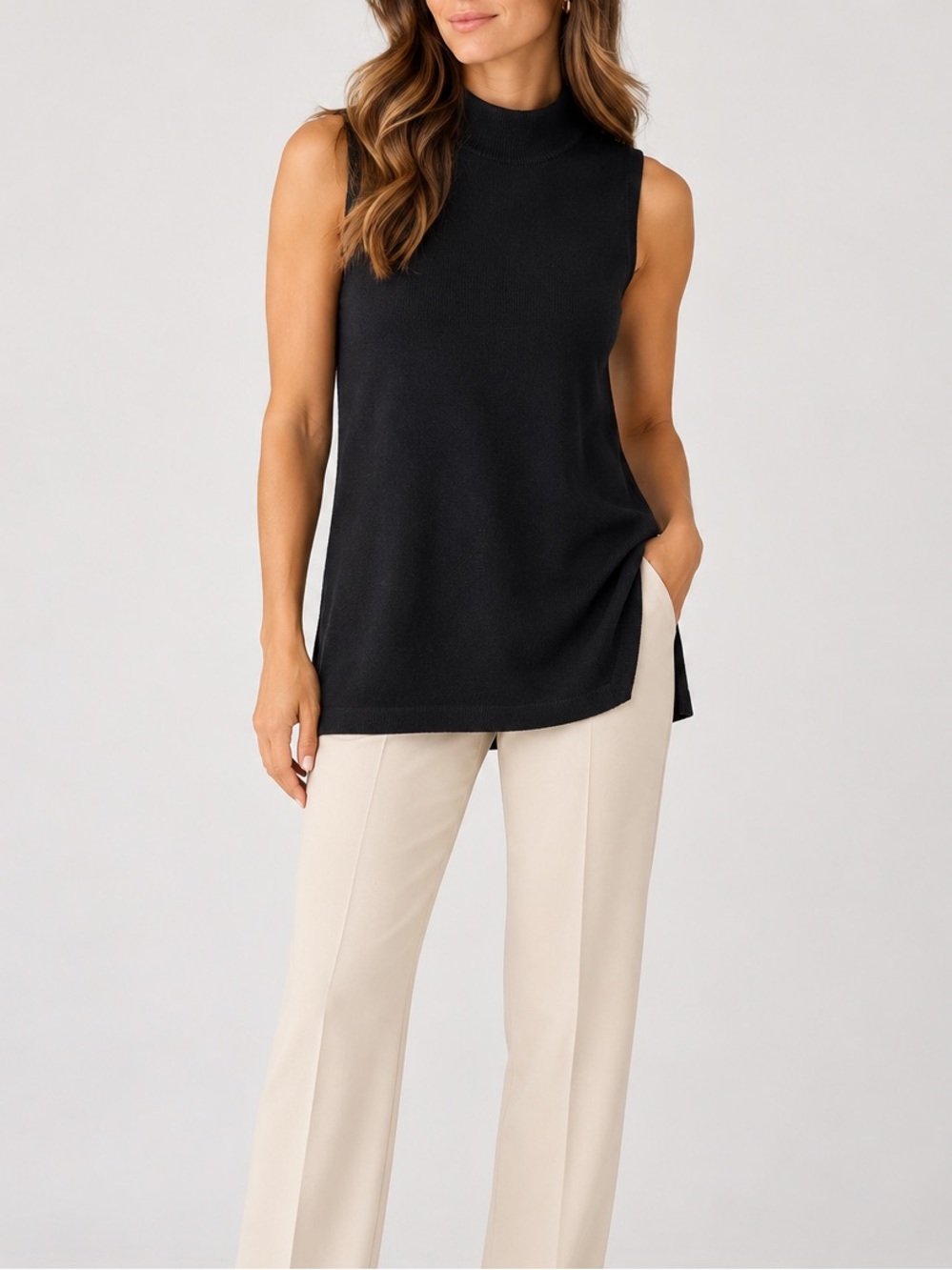 Chico’s Black Sleeveless Mock Neck Knit Tunic Side Slit Minimalist Layering Top